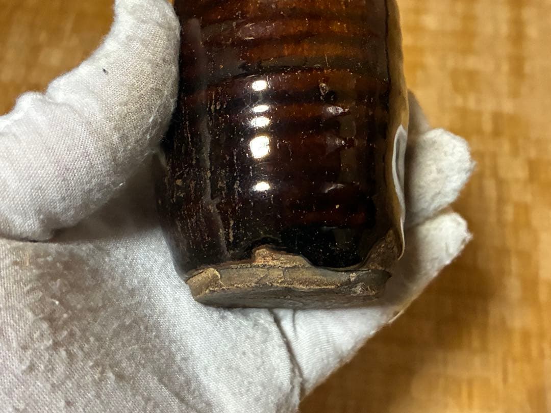 古陶器 飴釉 円筒形 茶入 木箱入 印あり 煎茶道具