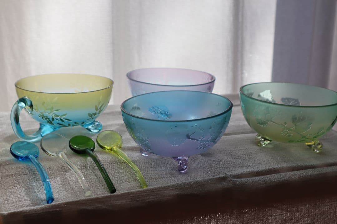 北一硝子　デザート椀セット 花柄 4個 スプーン付　ガラスボウル