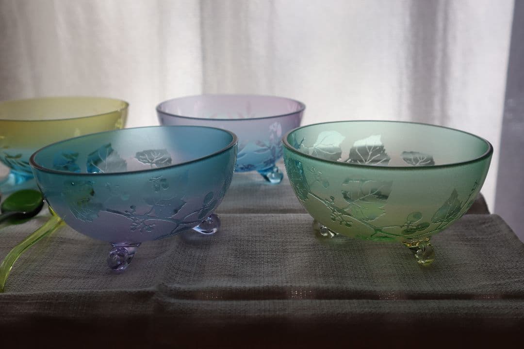 北一硝子　デザート椀セット 花柄 4個 スプーン付　ガラスボウル