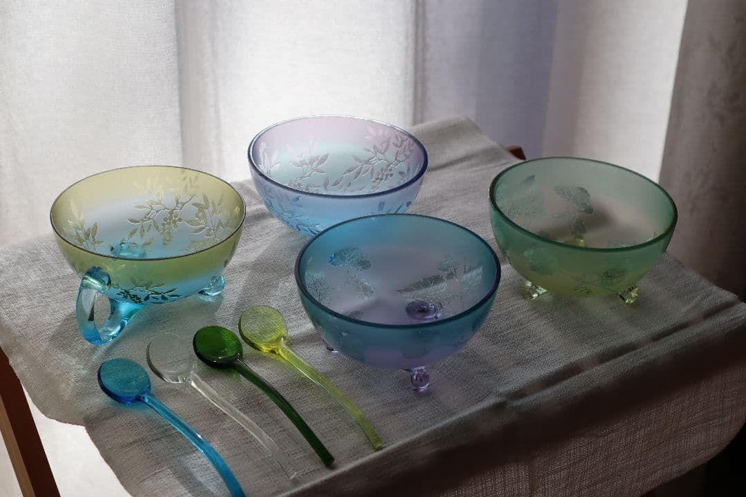 北一硝子　デザート椀セット 花柄 4個 スプーン付　ガラスボウル