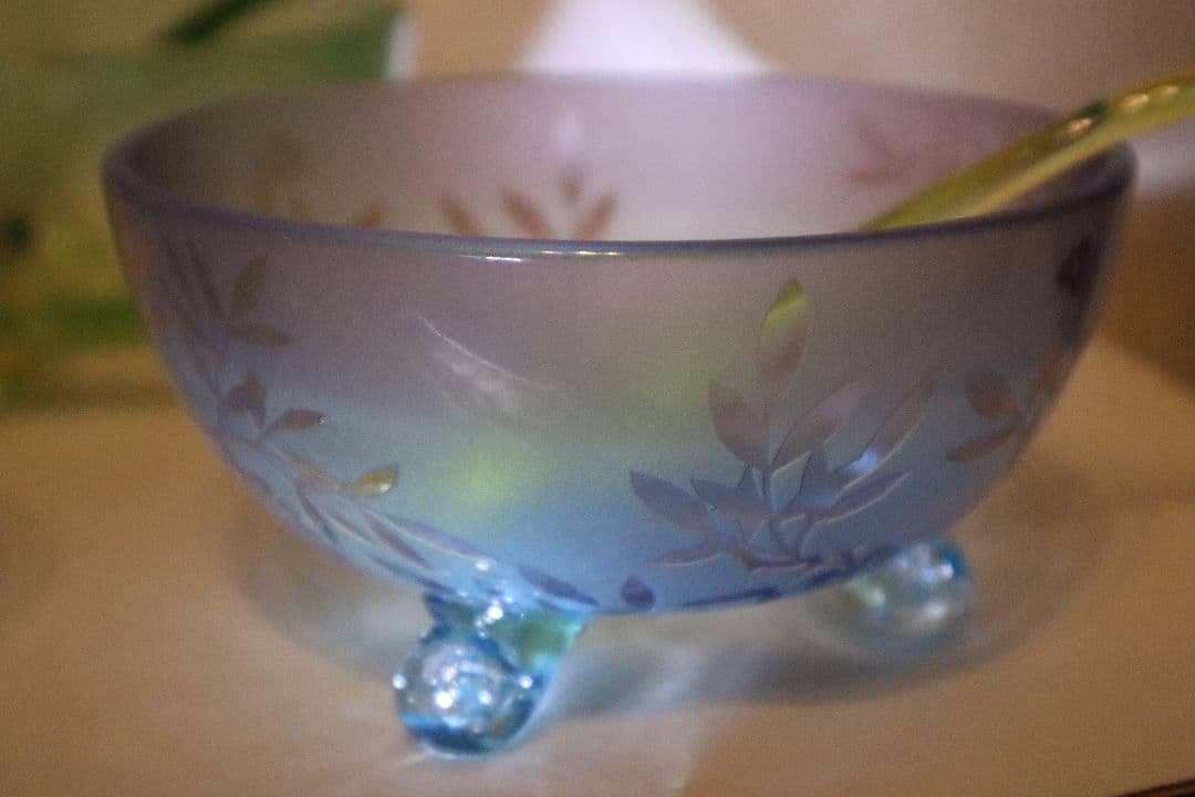 北一硝子　デザート椀セット 花柄 4個 スプーン付　ガラスボウル