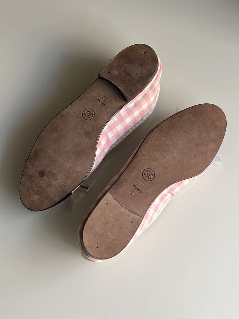 CHANEL シャネル　ギンガム　チェック リボン　フラットシューズ　バレリーナ