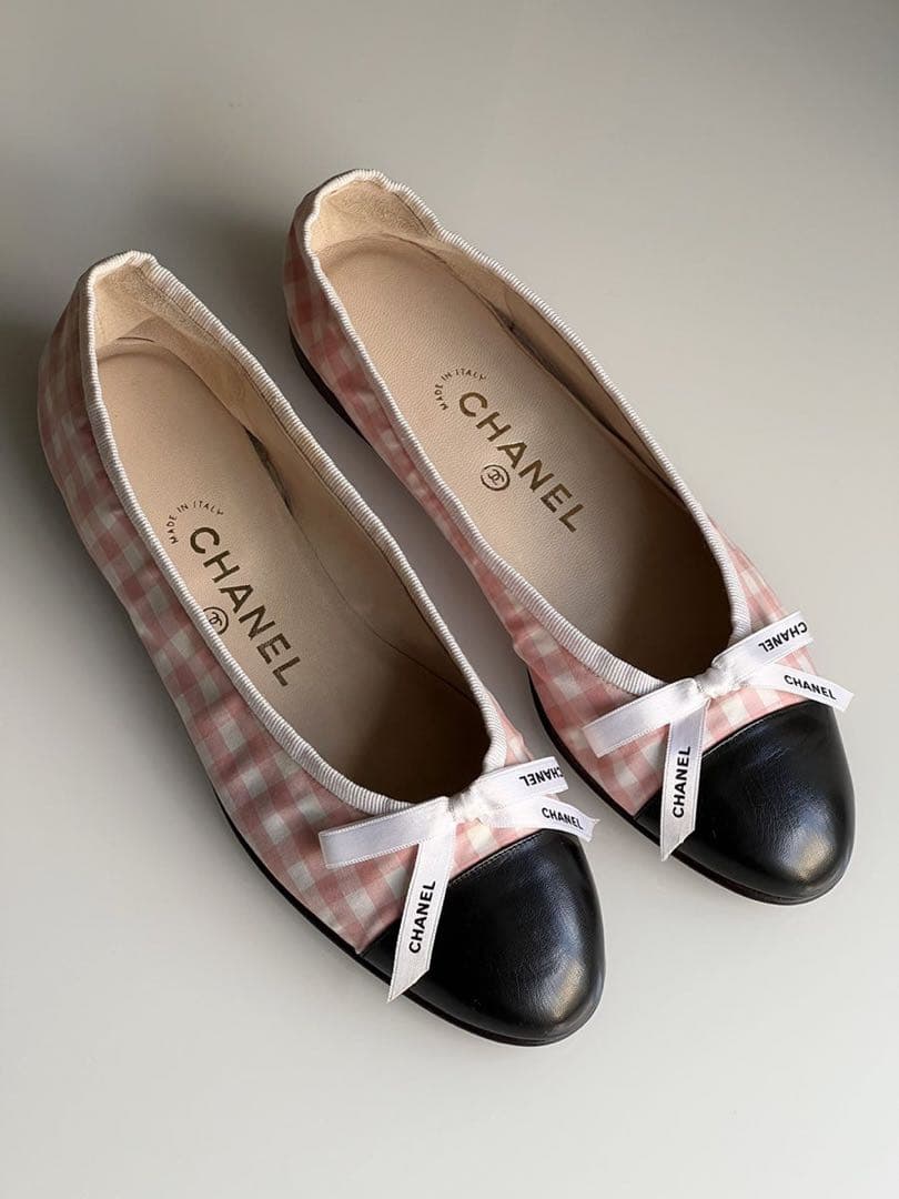 CHANEL シャネル　ギンガム　チェック リボン　フラットシューズ　バレリーナ