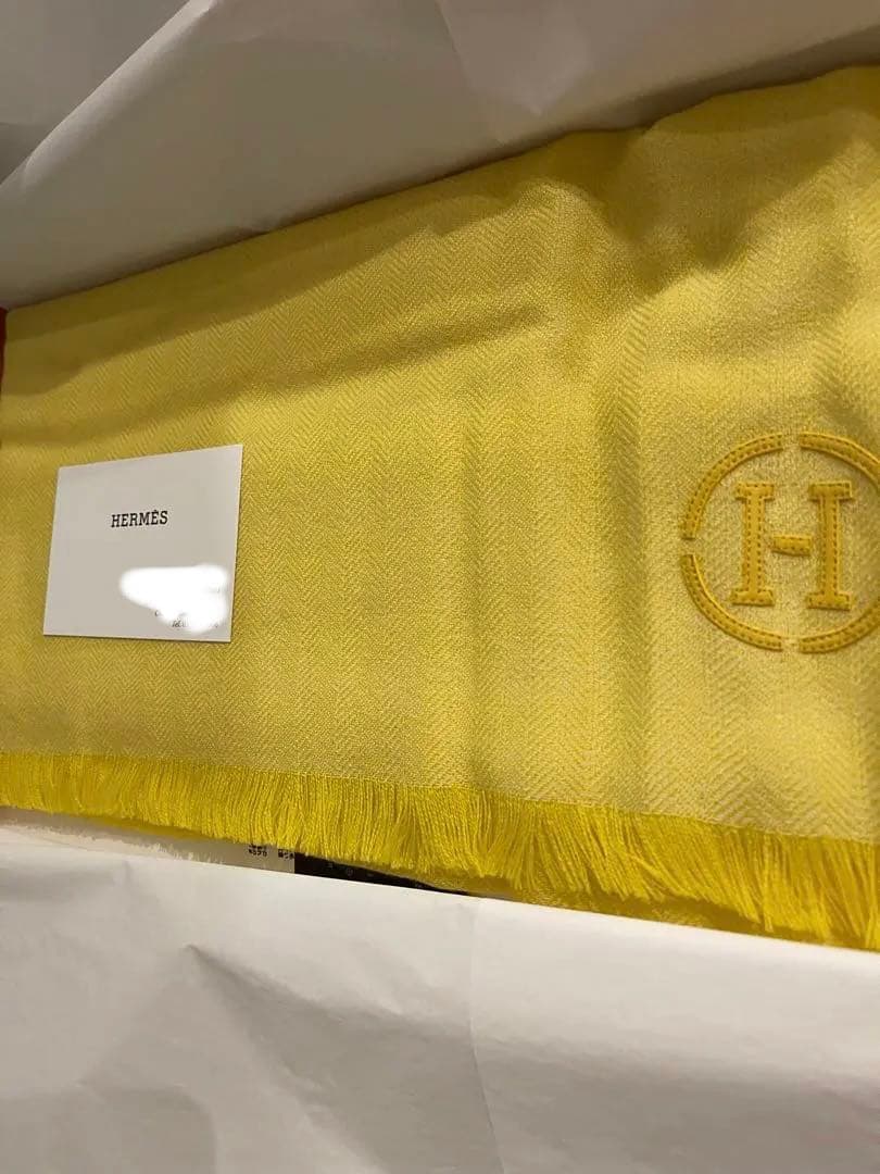 新品　エルメス　ストール　カシミヤ　イエロー　レザー刺繍　マフラー　スカーフ
