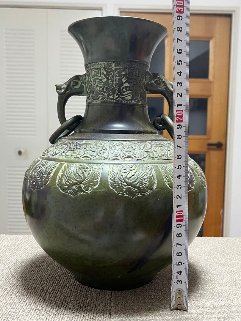 高岡銅器 吉秀 双耳 浮彫花鳥文花器 花瓶 華道具 飾り壷 インテリア