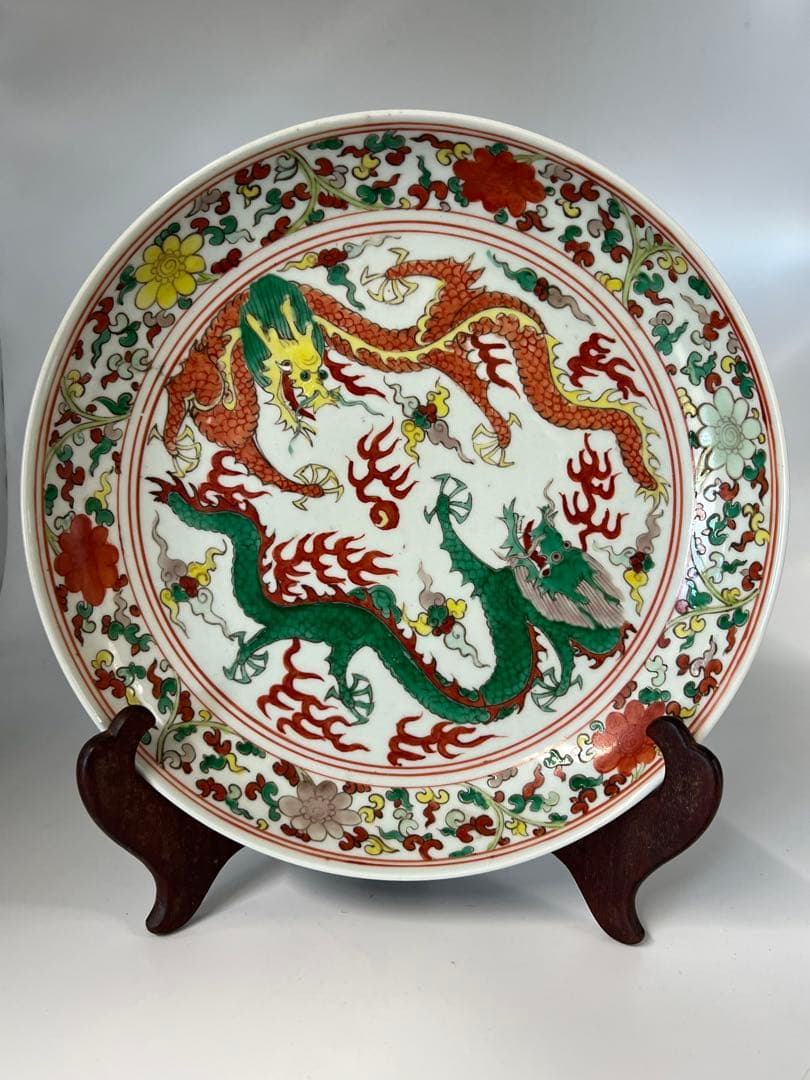 極上 古美術　五彩龍紋染付皿【大明萬歷製】在銘　西き04-4