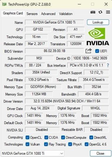MSI Geforce GTX1080Ti AERO 11GB 中古動作品
