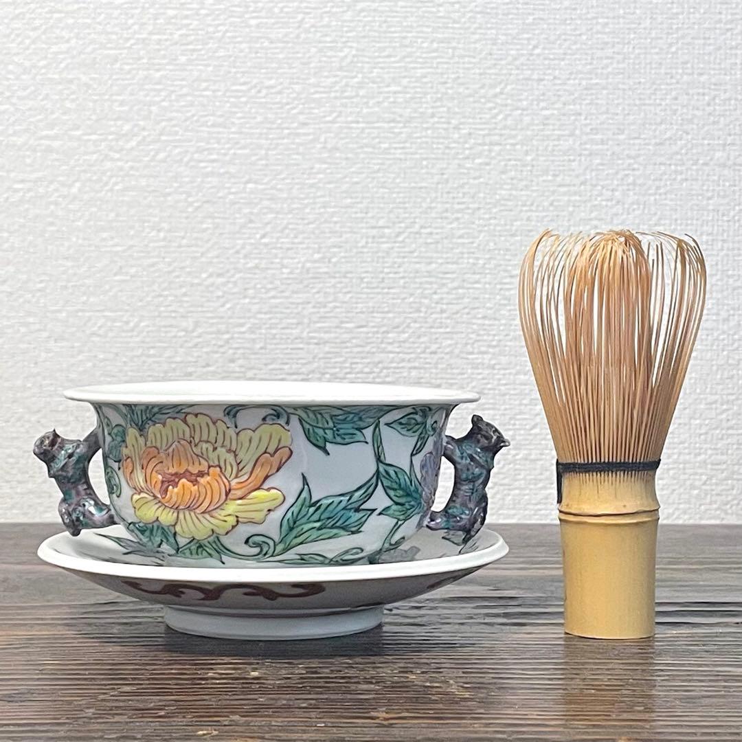 五代 清風与平？ 在銘 色絵 牡丹紋 唐獅子双耳 碗皿 詳細不明