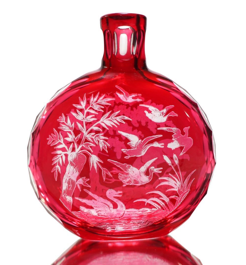 オールド・サンルイ 美品 ルビー被せクリスタル カメオ彫刻 香水瓶 二つの情景