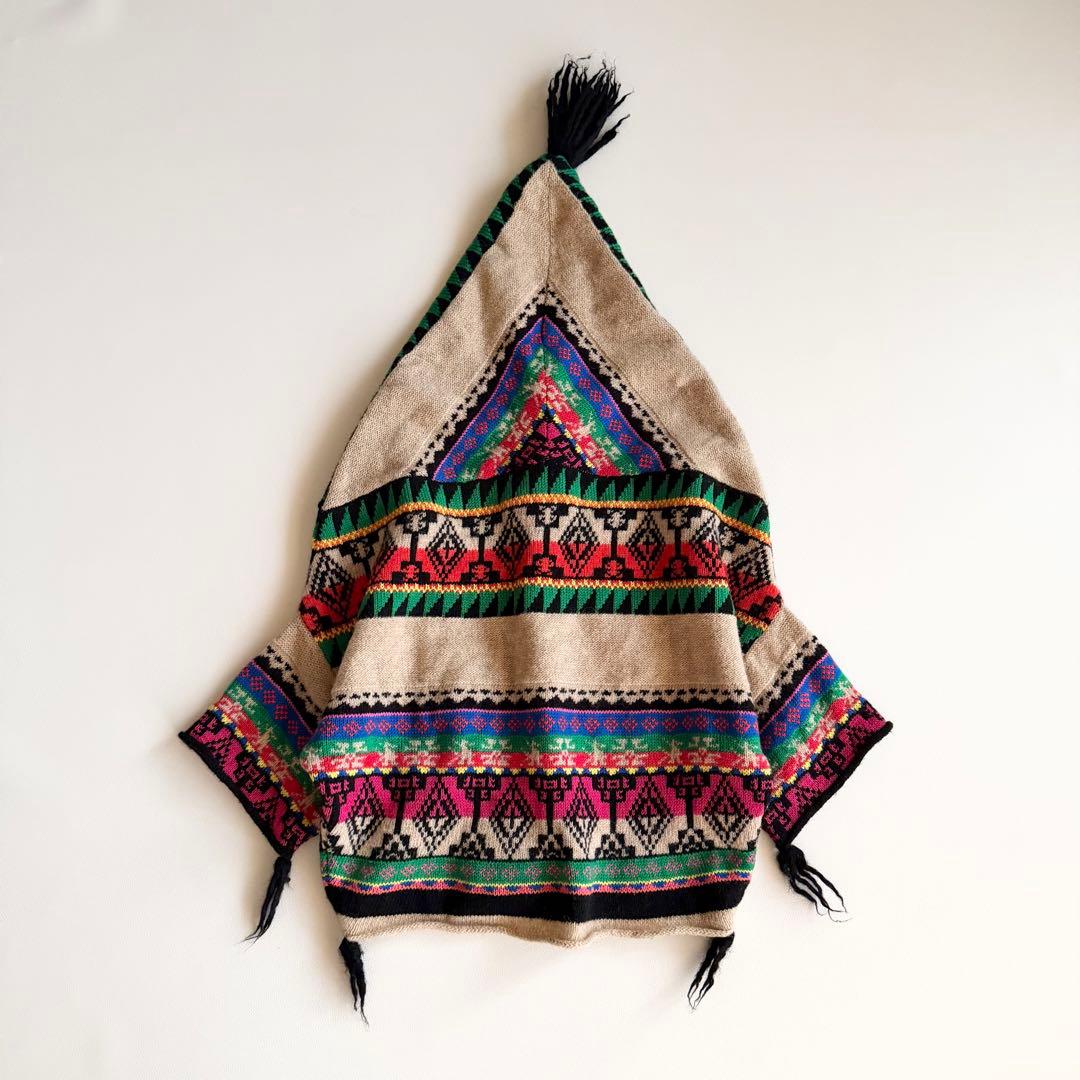 【キャピタル】フード 総柄ニットトップス ウール混 ネイティブ ヴィンテージ