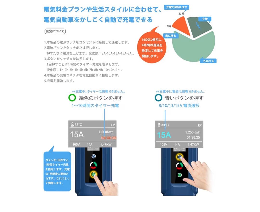 電気自動車 EV充電用ケーブル 100V/200V、8A/10A/13A/15A