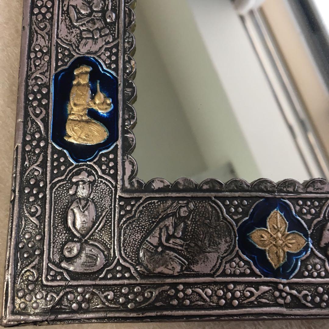 イラン ペルシャ 手彫り 彫金 七宝 鏡 骨董品 アンティーク