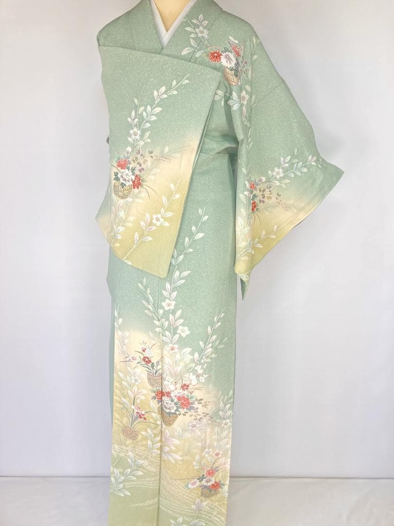 未使用 四季の花々 絞り 手描き友禅 訪問着 黄緑 黄色 パステル 1402