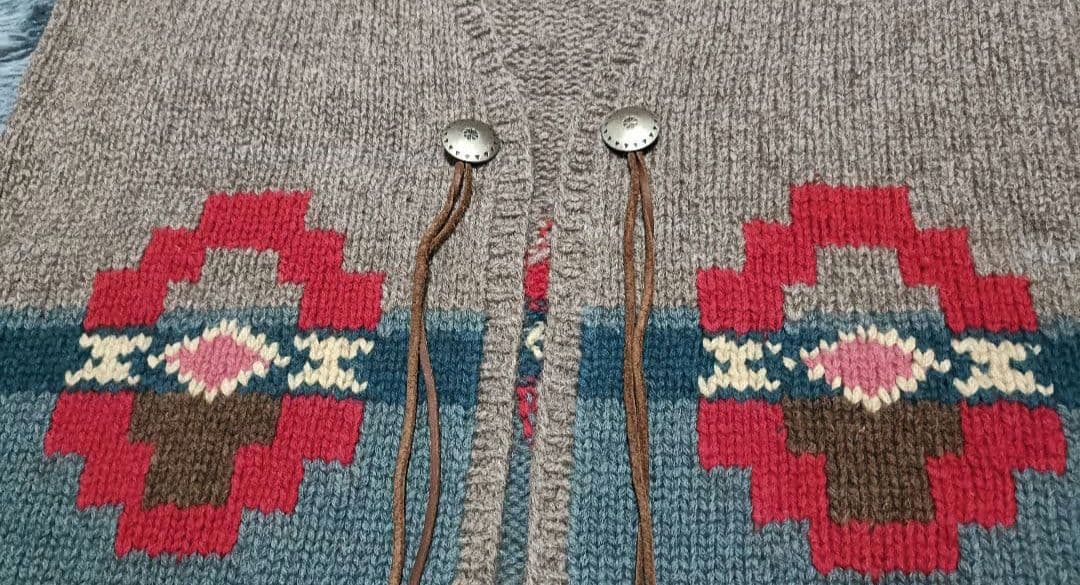 ラルフローレン　90s〜ネイティブ柄ベスト手編み　ウールニット　XL