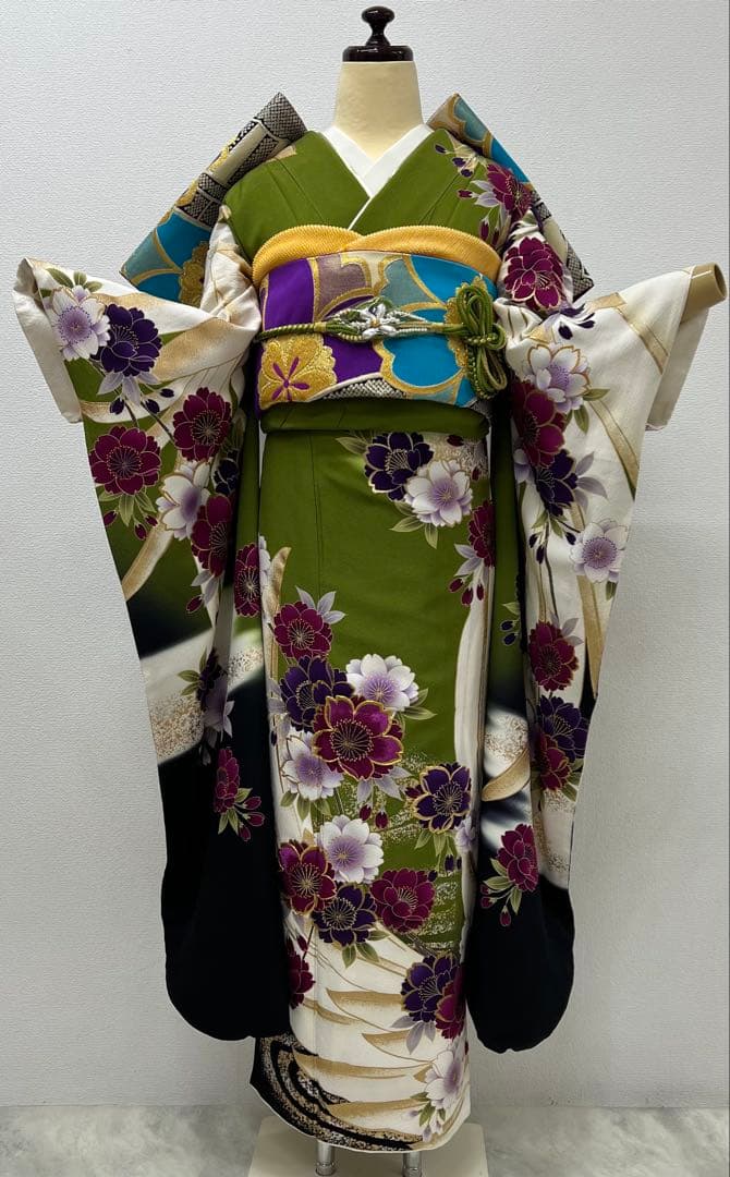 振り袖　フルセット　別誂長襦袢　成人式　白　緑　金彩加工　刺繍入り　722