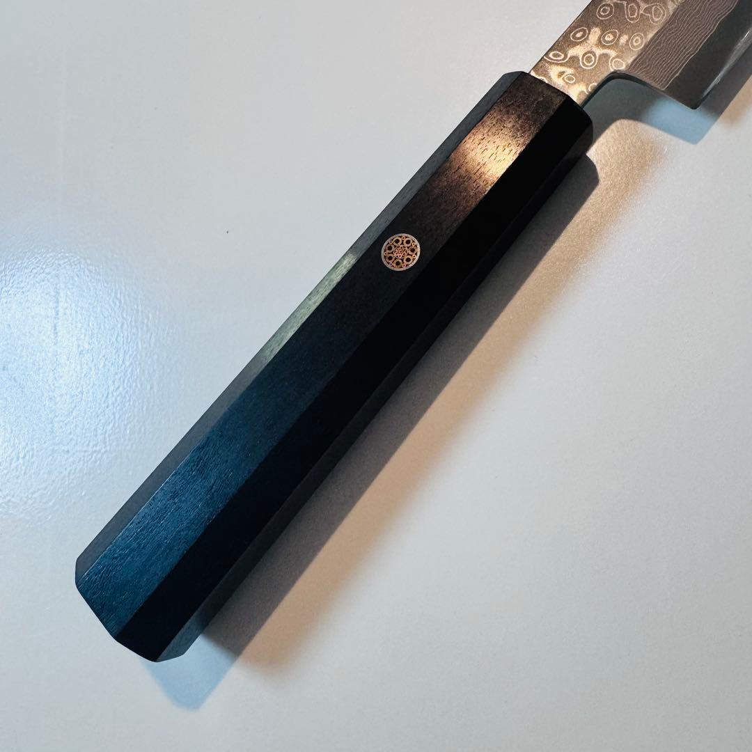 270mm ダマスカス墨流し柳刃包丁 黒檀八角柄 鏡面仕上げ 刺身用