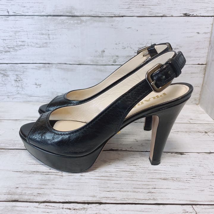 ☆送料無料【プラダ】サンダル　パンプス　レザー　黒　オープントゥ　23.5cm