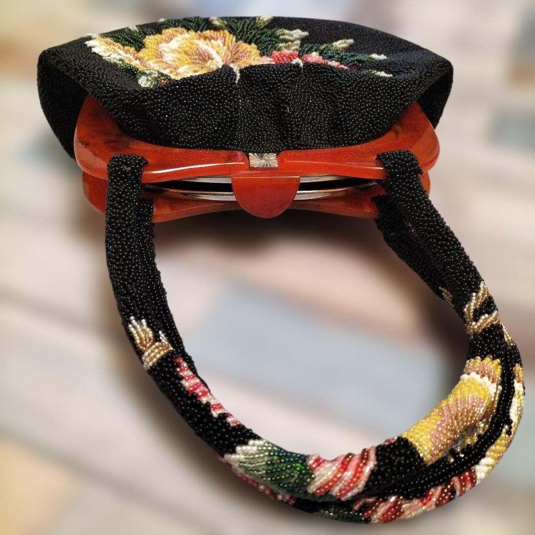 d*9様 ビーズ総刺繍/花柄 ボタニカル柄/べっ甲調がま口　ハンドバッグ ビーズ