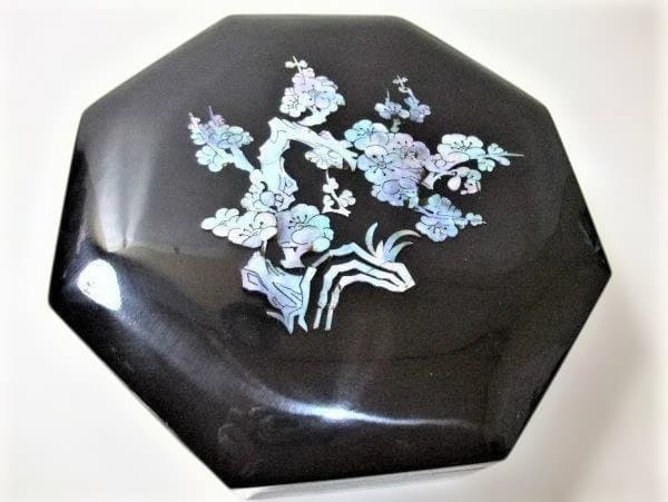 八角形 漆器 菓子器 花模様 青貝 螺鈿 菓子器 天然木 本漆器 逸品 未使用