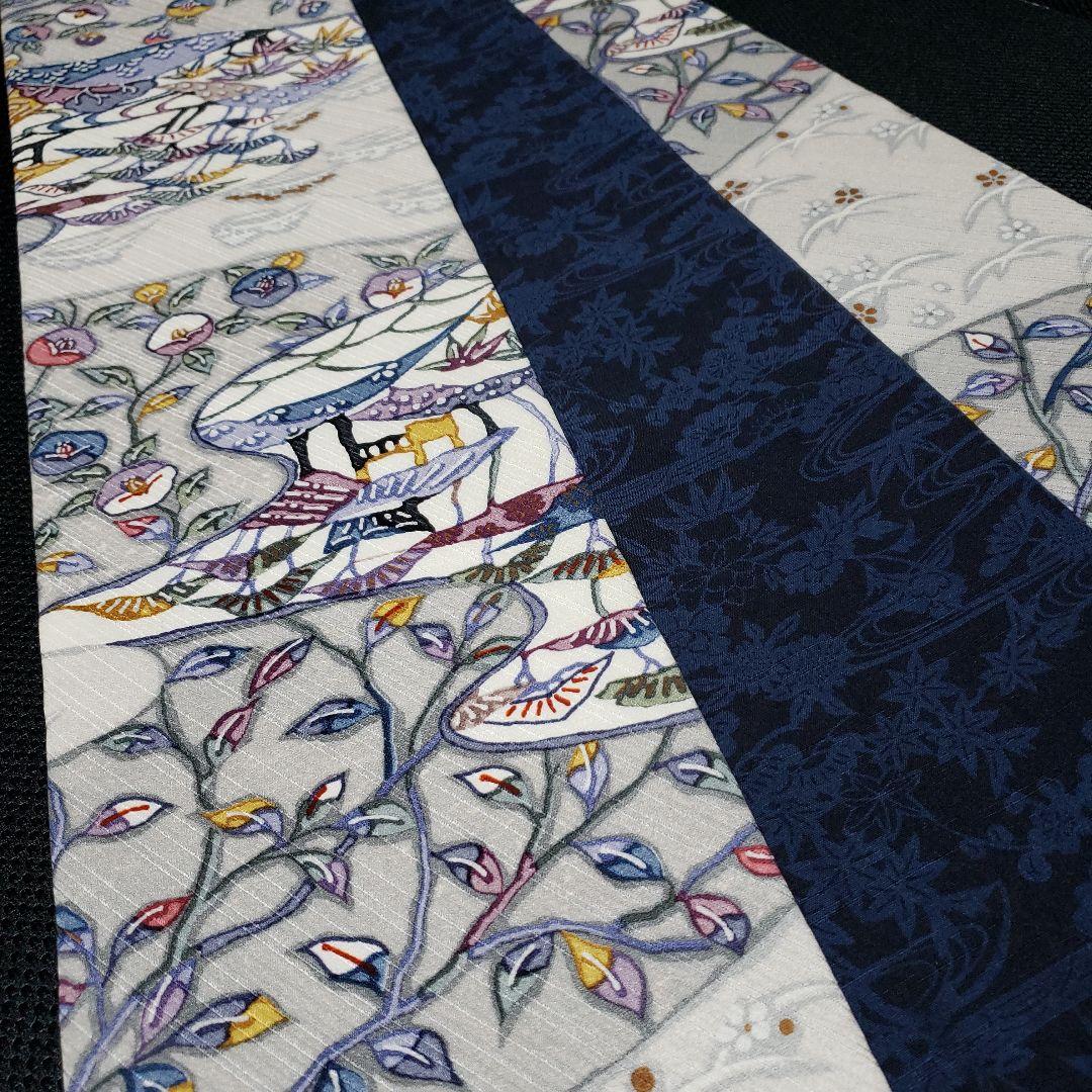 半幅帯 正絹 リバーシブル 紅型 丹後ちりめん 藍染め結城紬