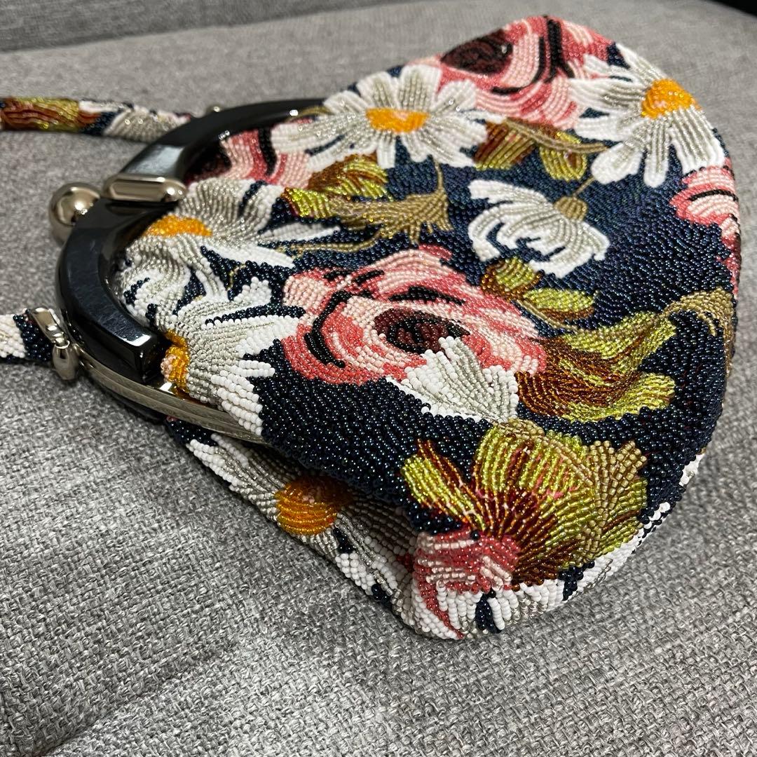 総ビーズ　ハンドバッグ 花柄　ビーズ刺繍 和装 がま口