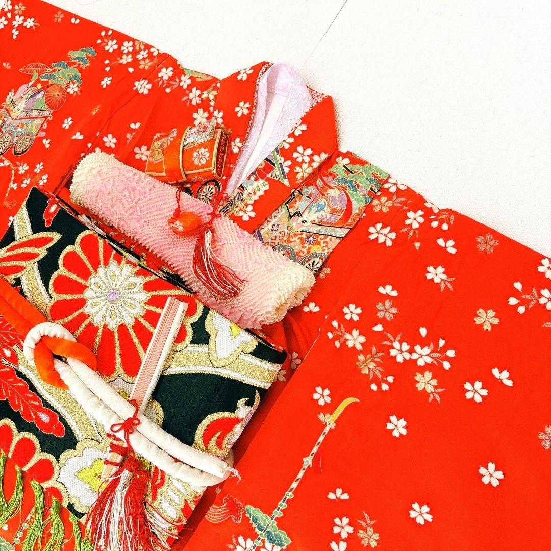 フルセット七五三　7歳女の子　着物＆帯＆簡単半衿＆小物　オレンジ地　比翼　祇園祭