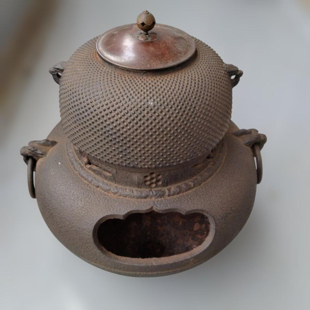 鉄製 朝鮮茶釜 蓋付き 風炉電熱器　敷板セット