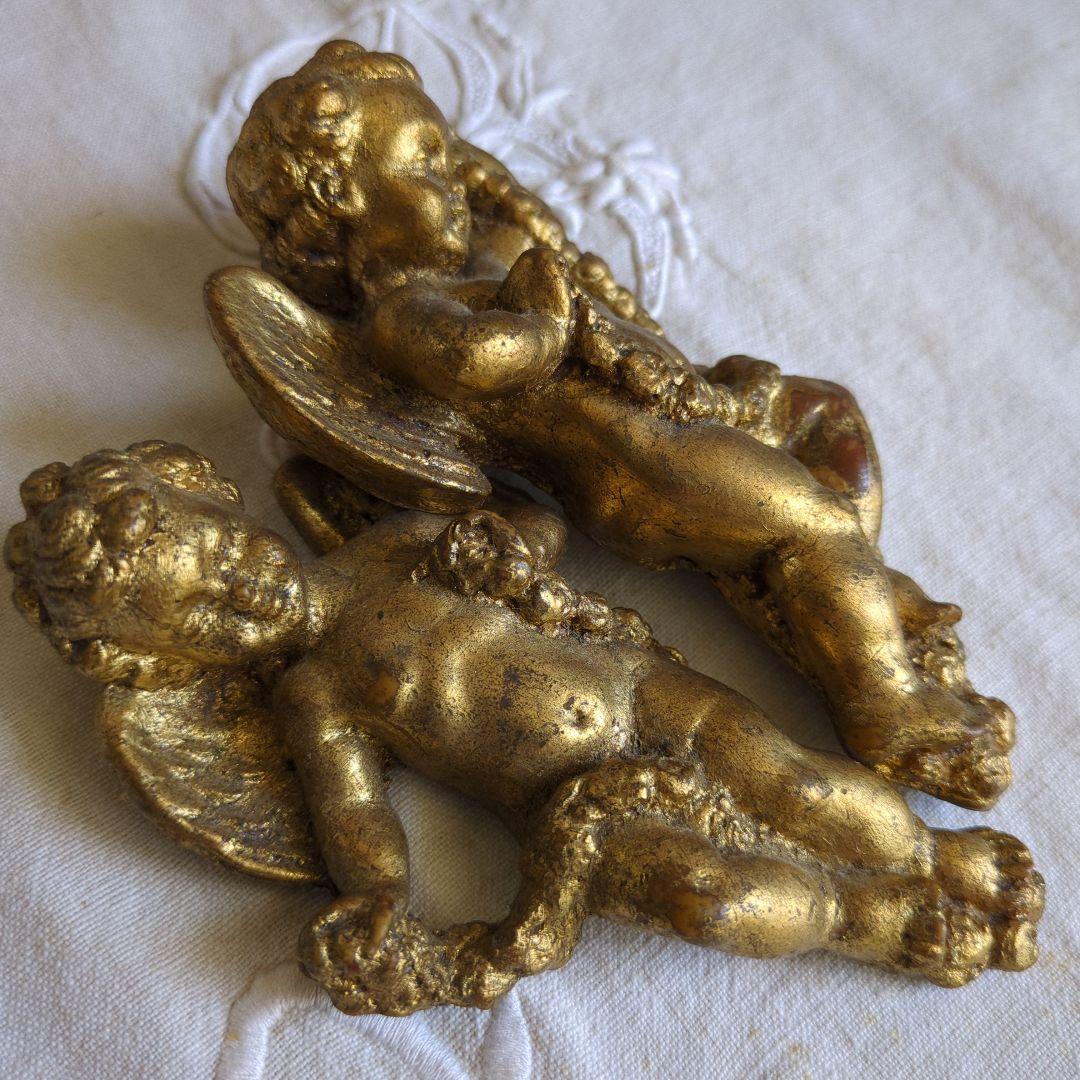 フランスアンティーク 壁飾り 天使 ペア 石膏