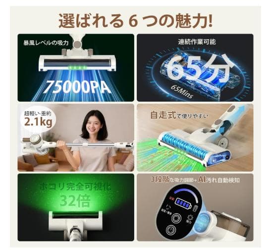 2026年最新版 最強75KPa自走掃除機 AI制御 65分 自立式 軽量
