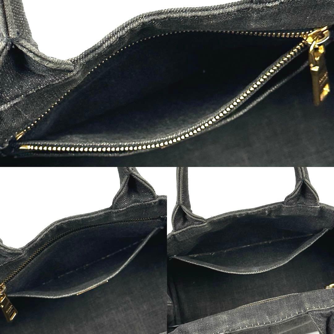 【美品】プラダ　カナパ　ハンドバッグ　三角ロゴ　ゴールド金具　デニム　グレー