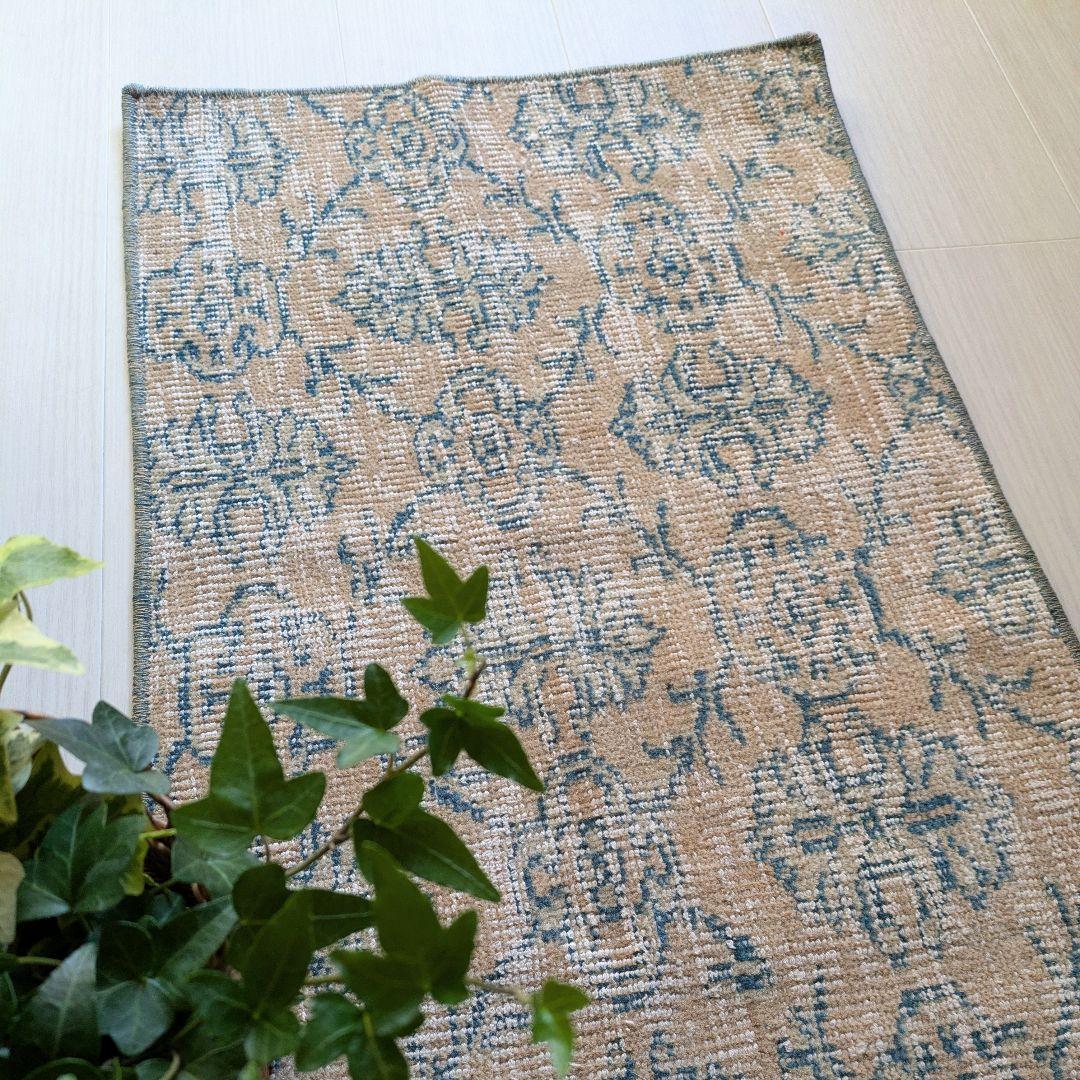 45×77 ベージュ地グリーン紋章柄　トルコヴィンテージラグ（ミニサイズ）