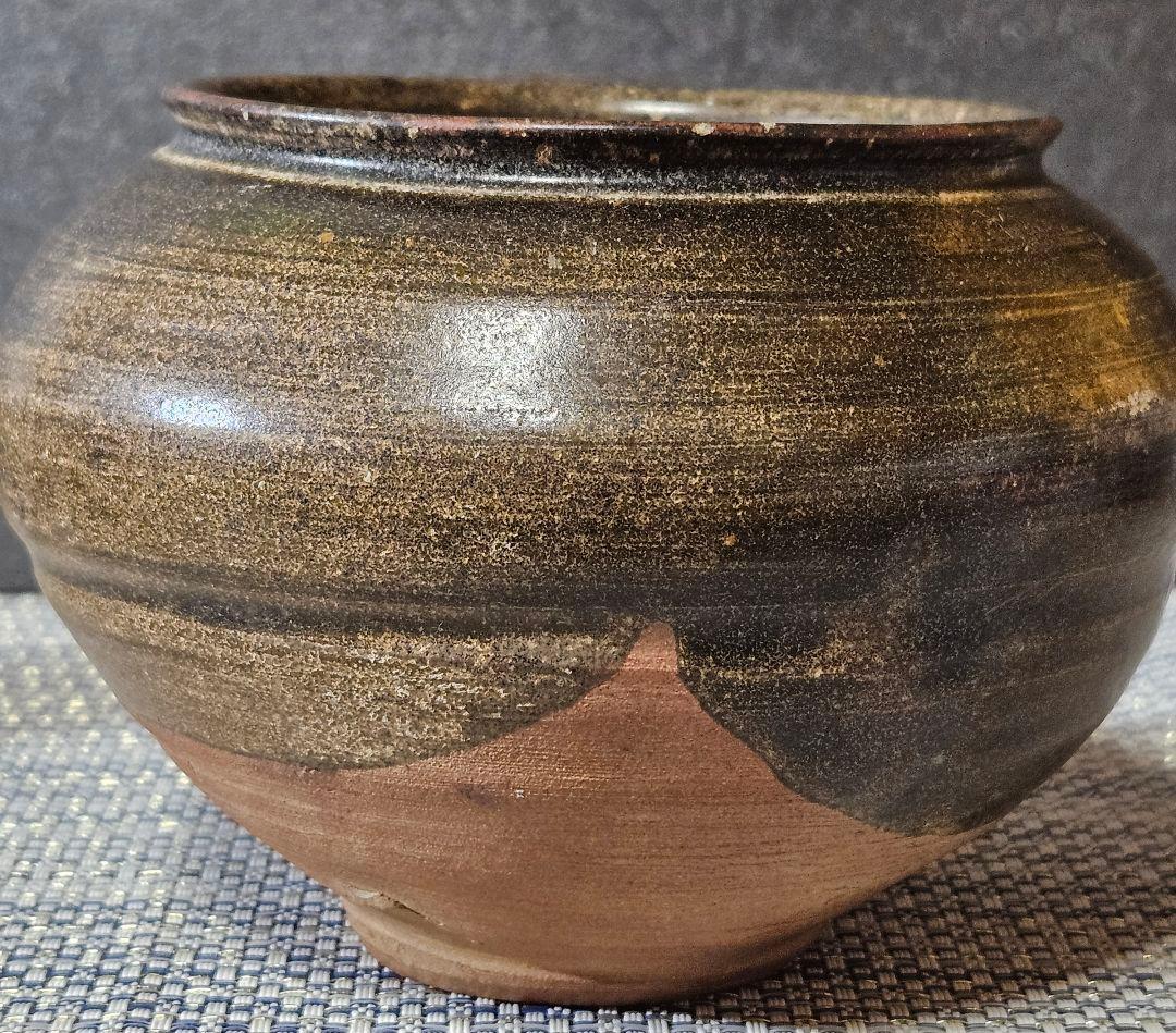 【時代古作品❗】古唐津　灰釉　褐釉　丸壺 　花入れ　花生け　茶道具　茶器　無傷！