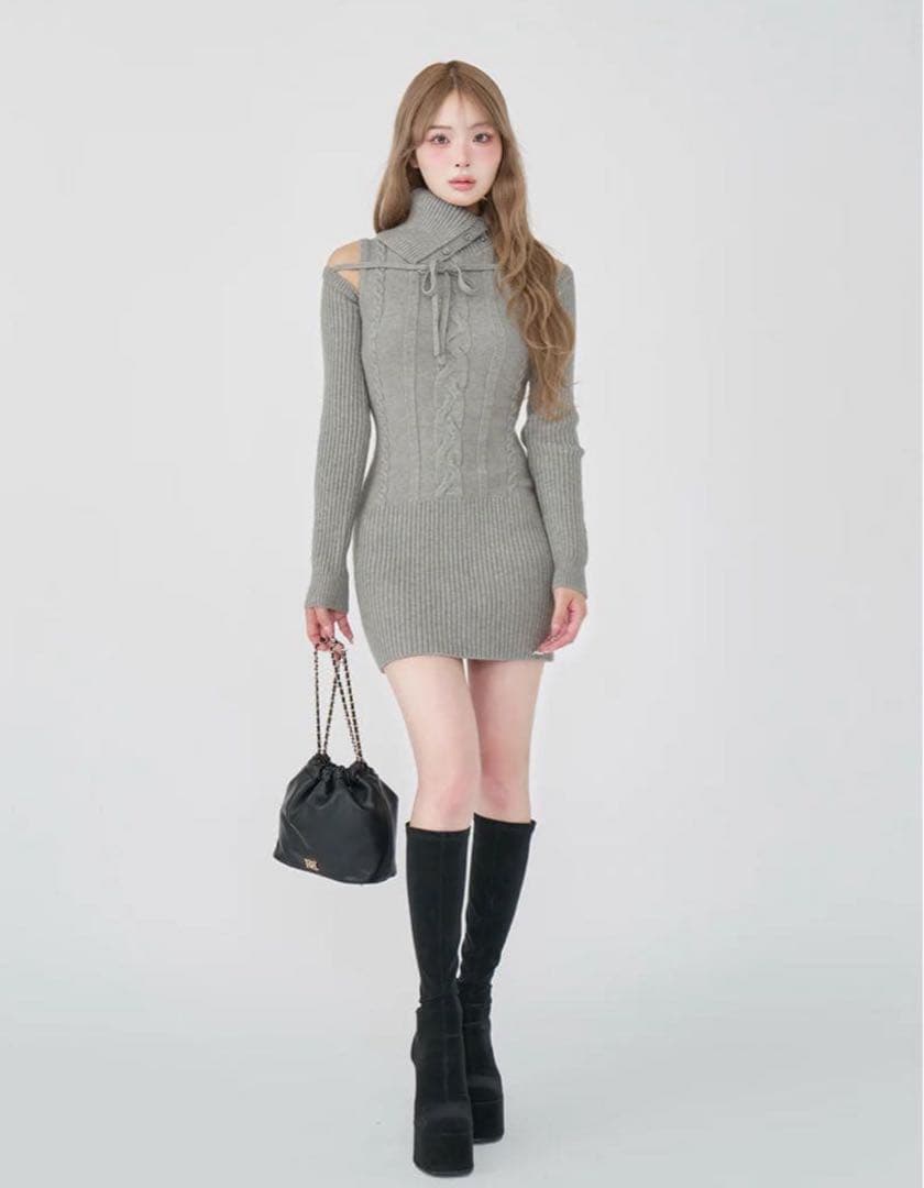 Darich デザインネックニットミニワンピース GRY