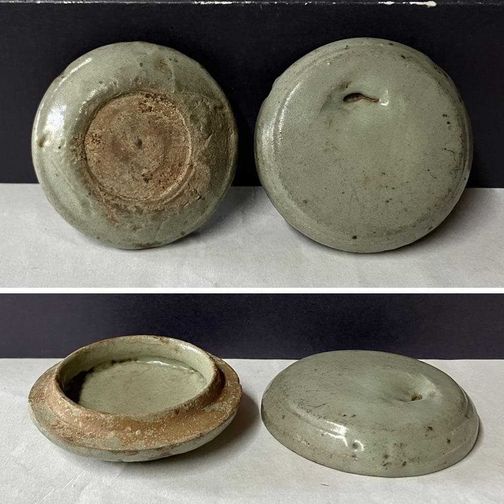 p033 李朝 青磁 香合 木箱入り 時代 茶道具