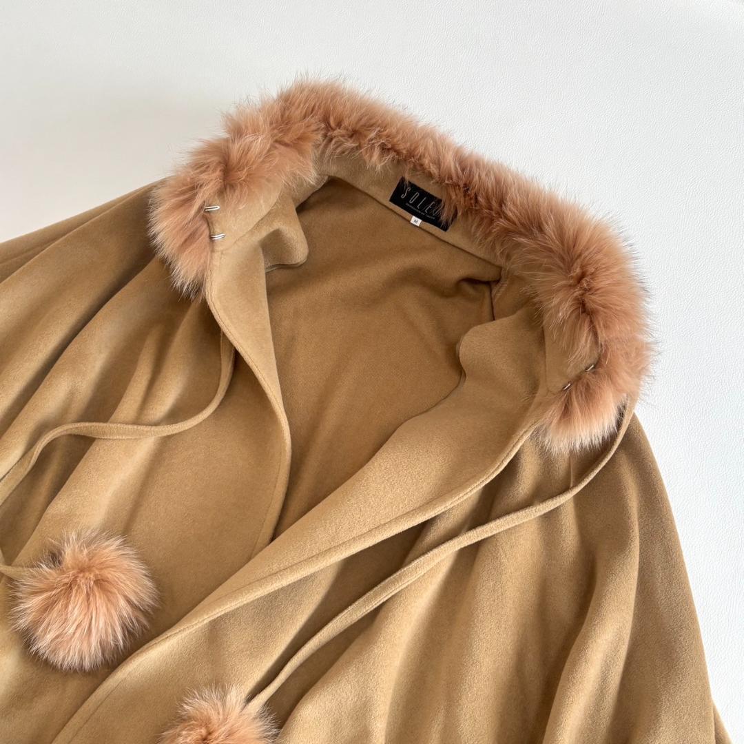 【アンゴラ100】SOLEIL ポンチョ ケープ フォックスファー M ベージュ