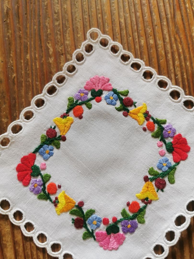 アンティークハンガリー/ カロチャ刺繍 アイレットスカラップドイリー