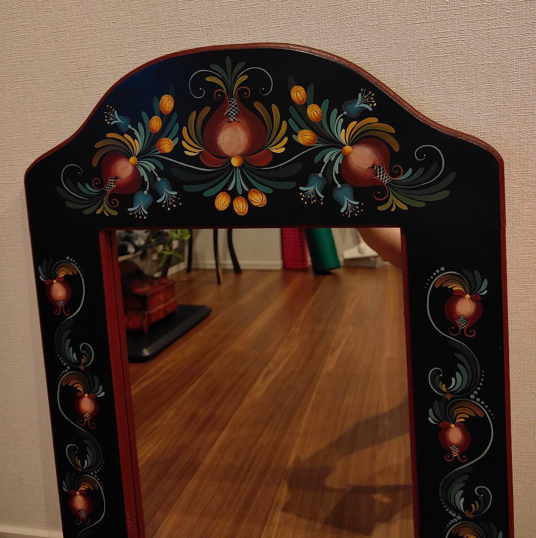 トールペイント 壁掛け鏡 ウォールミラー 手描き ハンドペイント 木製