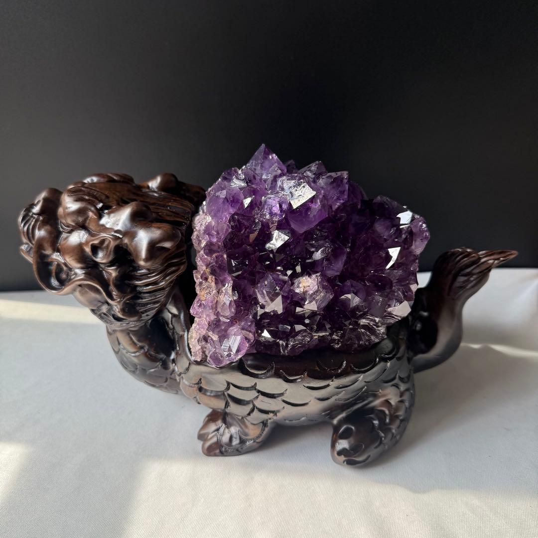 美品❣️天然石 アメジストの原石　クラスター　ロングイ台座付きNO.020411