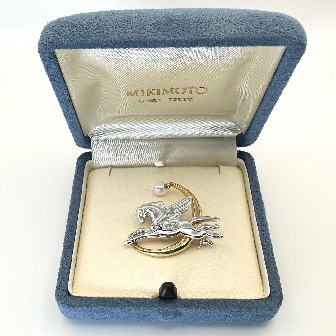 美品ꕥ幸運ꕥミキモト K18×シルバー ペガサス ブローチ アコヤ真珠 ケース付