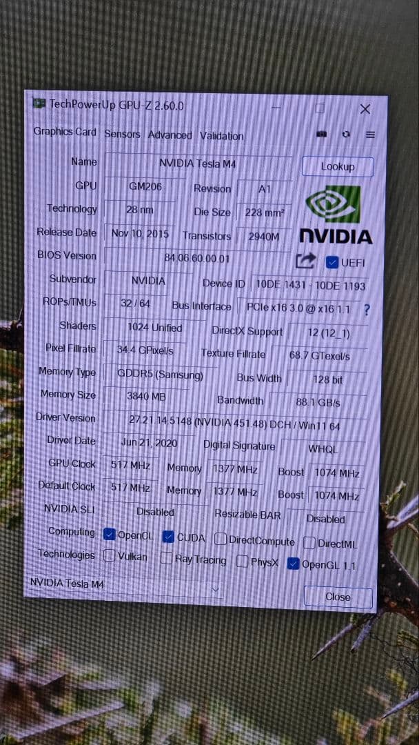 美品★②NVIDIA Tesla M4　4GB GDDR5メモリ　★正常動作品★