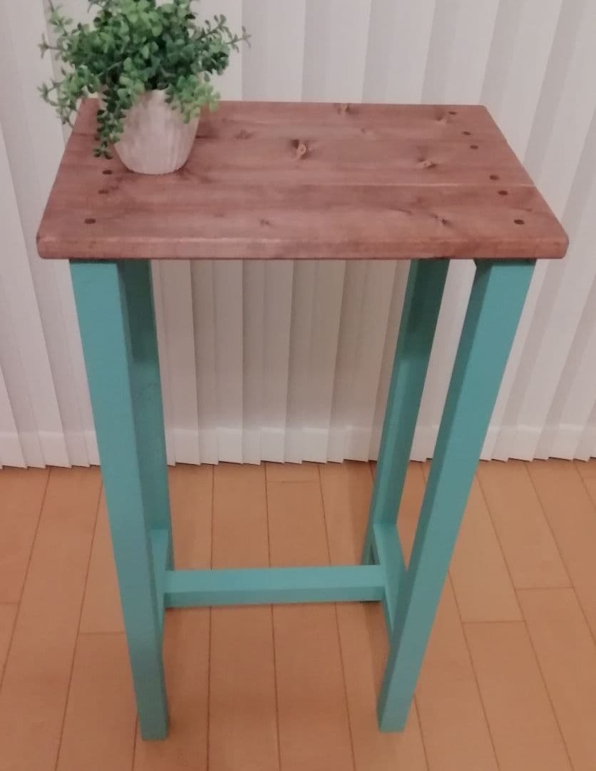 ハンドメイドテーブル/ハイテーブル/シェルフ/ミストグリーン【送付込み】