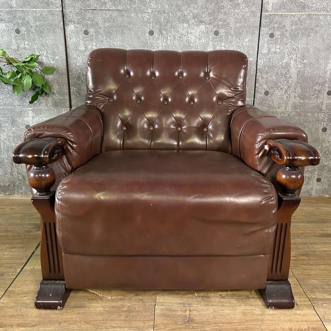 ꧁カリモク家具 karimoku꧂オールドカリモク 1Pレザーアームソファ