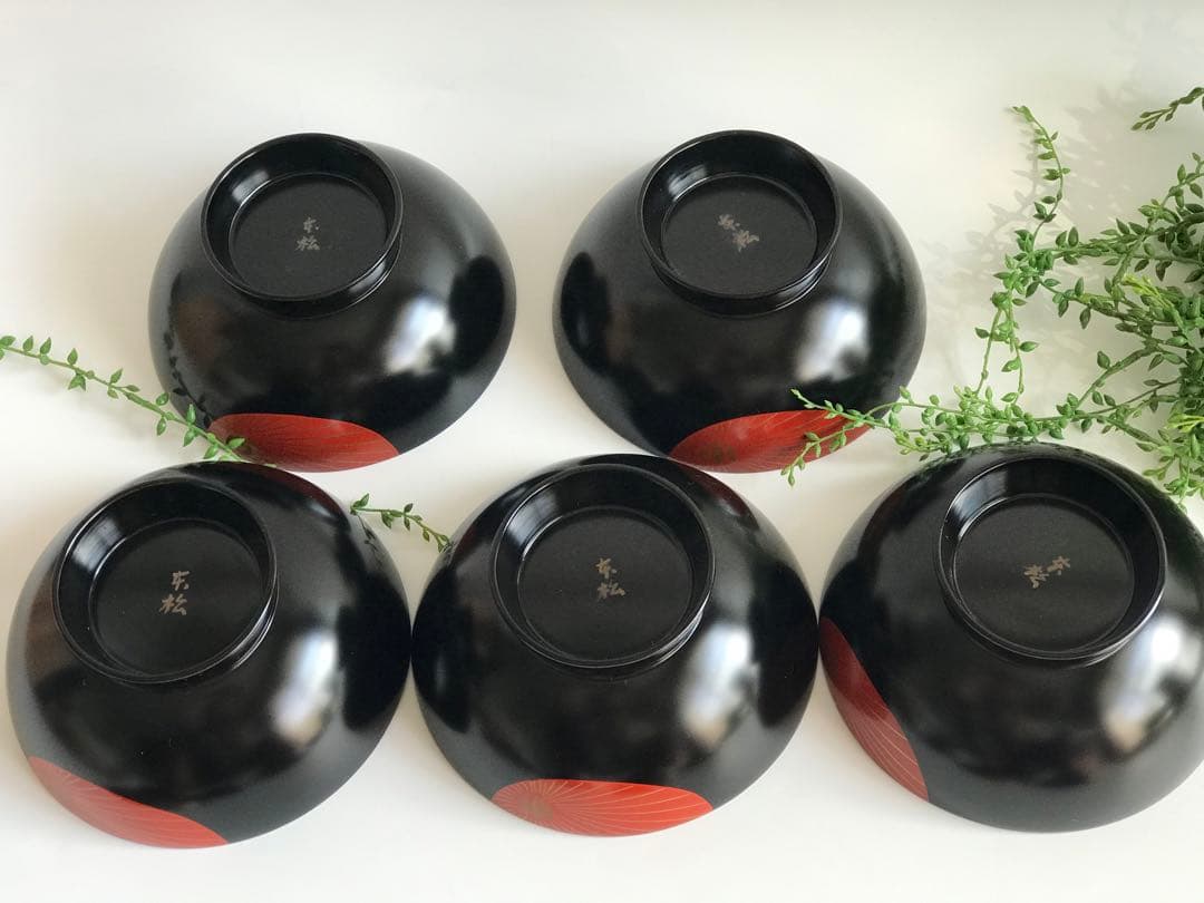 能登輪島塗 漆塗り　松蒔絵 木製　蓋付椀 煮物椀　5客セット　共箱