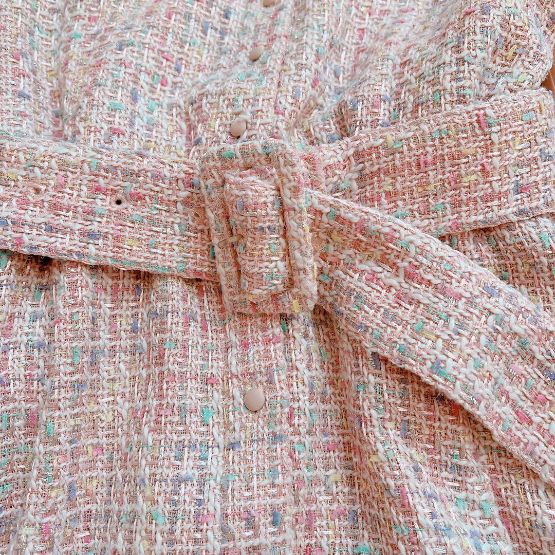 areeam ピンク系ミックスツイード長袖マキシワンピース　異素材　ベルト付き