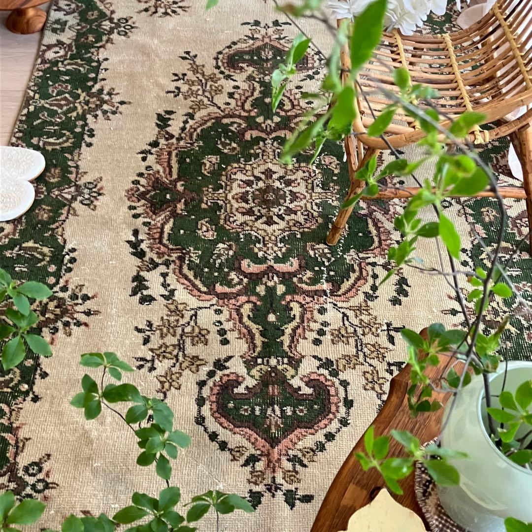 メダリオン113×199カーキ　リッチwool グリーン　トルコヴィンテージラグ