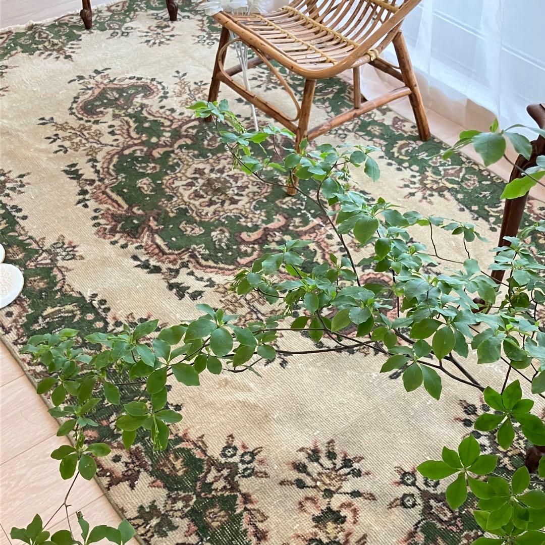 メダリオン113×199カーキ　リッチwool グリーン　トルコヴィンテージラグ