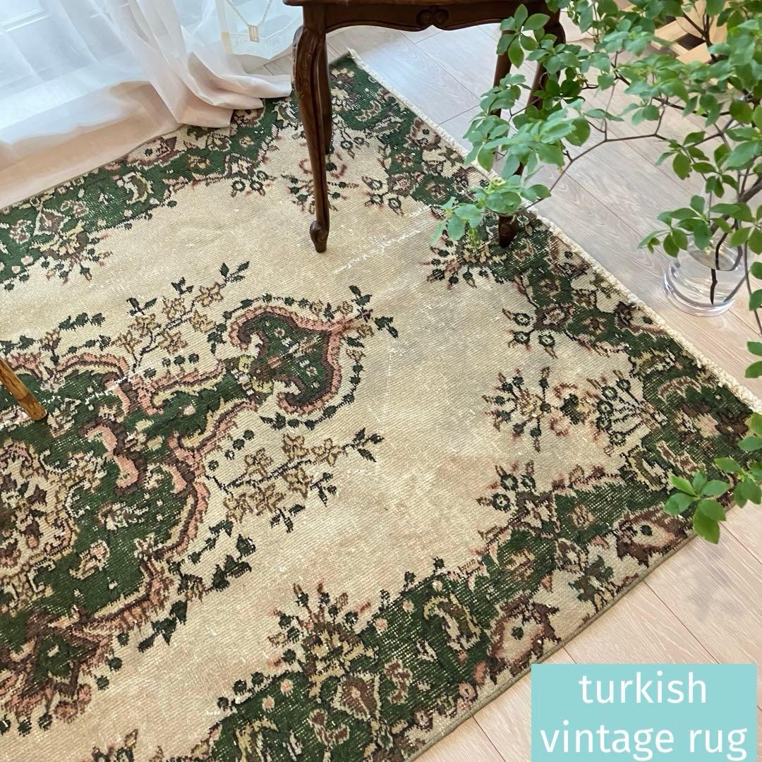 メダリオン113×199カーキ　リッチwool グリーン　トルコヴィンテージラグ