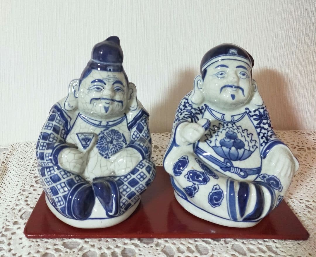 青磁釉陶器　七福神恵比寿様、大黒天様　商売繁盛　開運縁結　希少縁起物　木製台付き