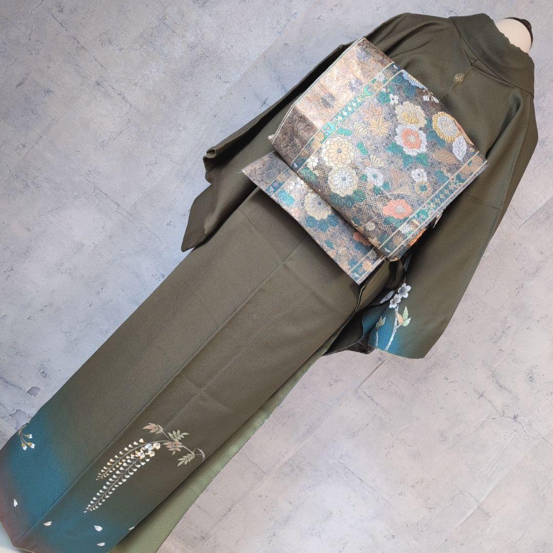 訪問着　フルセット　着物　正絹　カーキ　緑　孔雀の羽　藤の花　祝い事　豪華　A2