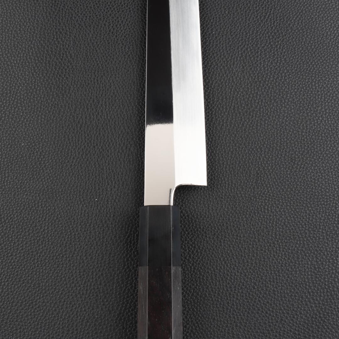 10994フグ引 柳刃包丁 尺寸 鏡面仕上げ 刃は究極の切れ味 黒檀黒水牛八角柄
